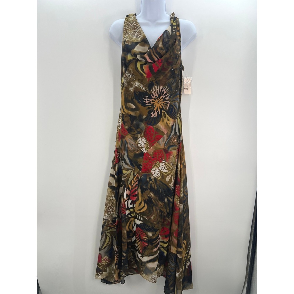 Dressbarn Women 12 Abstract Floral Beaded Mesh Cowl Neck Maxi Dress Multicolor
